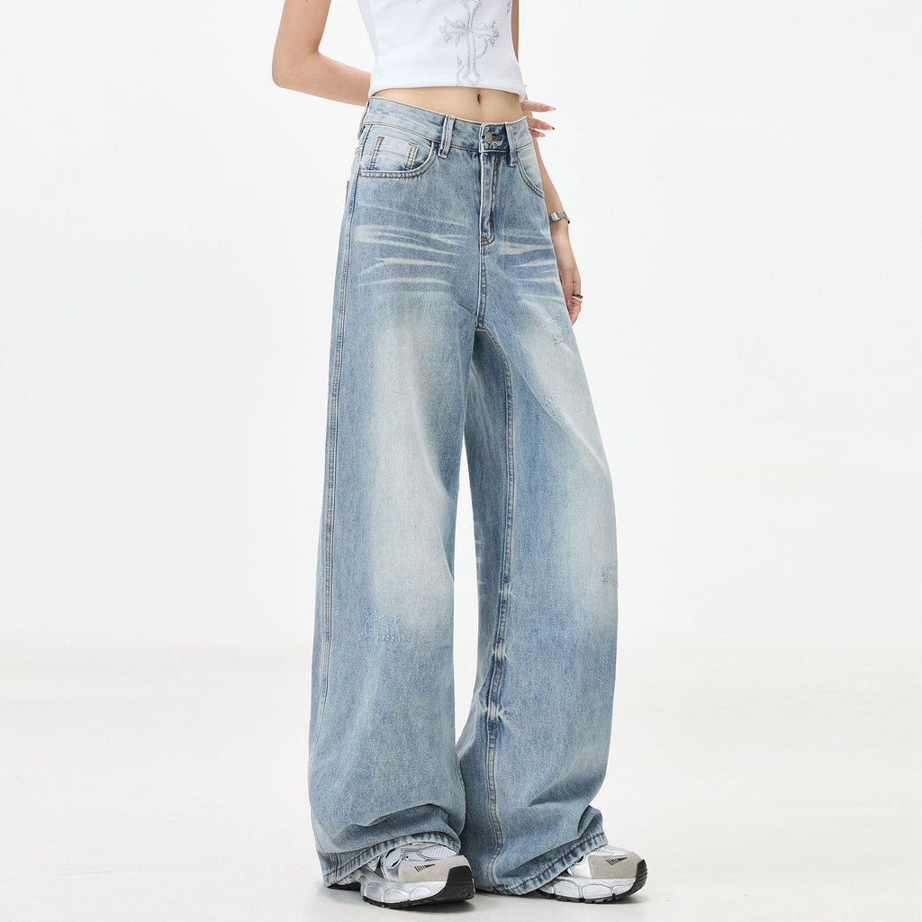 American retro light blue high-waisted wide-leg jeans for women