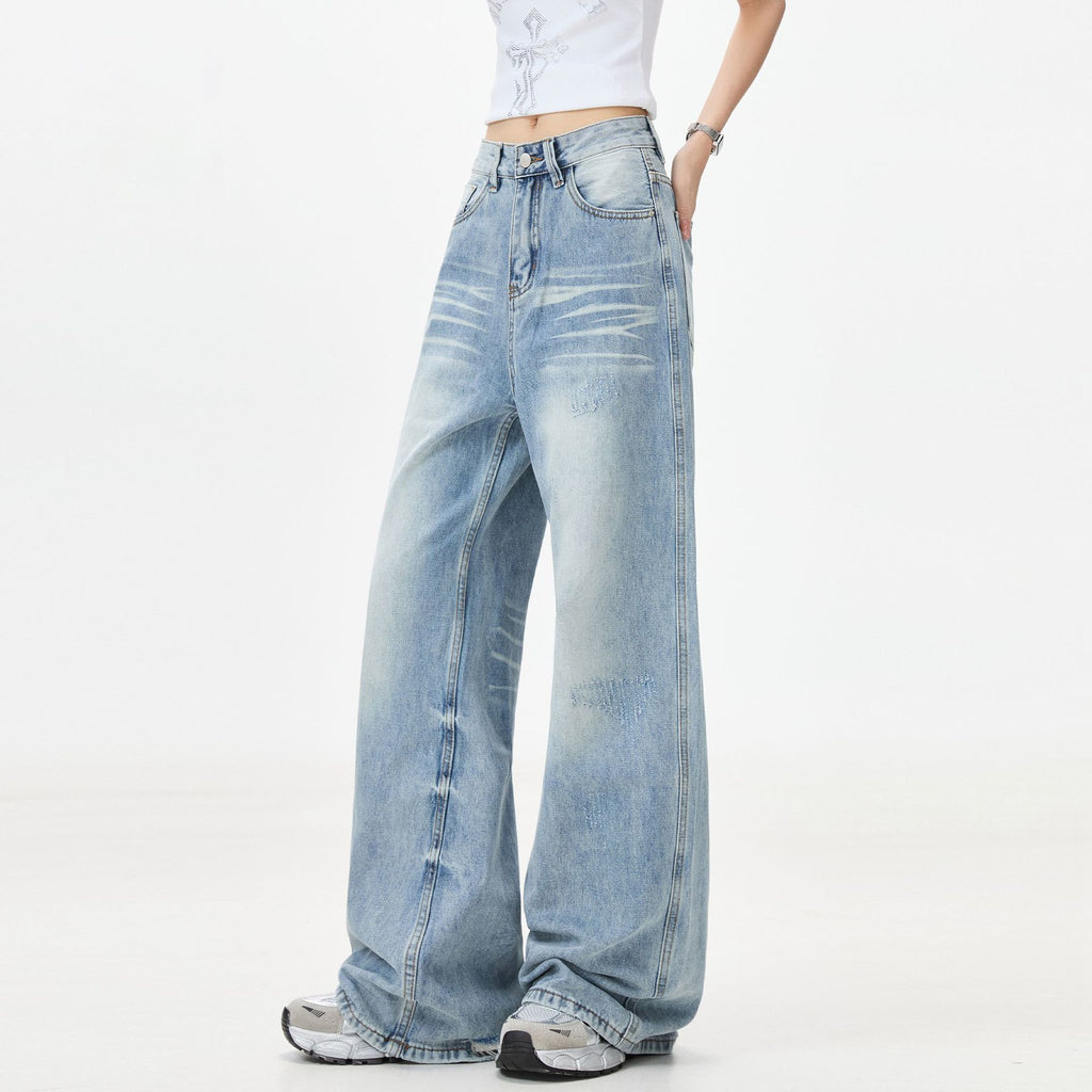 American retro light blue high-waisted wide-leg jeans for women