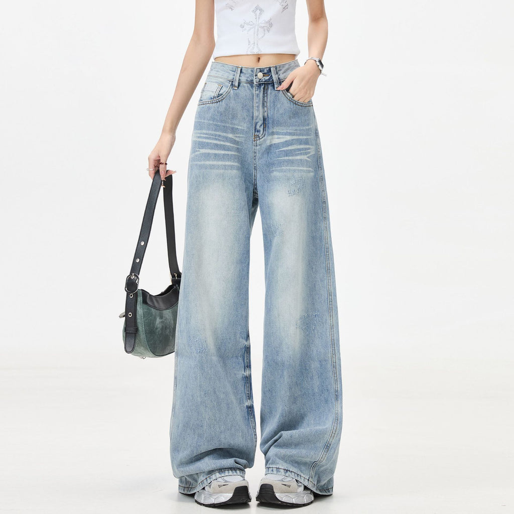 American retro light blue high-waisted wide-leg jeans for women