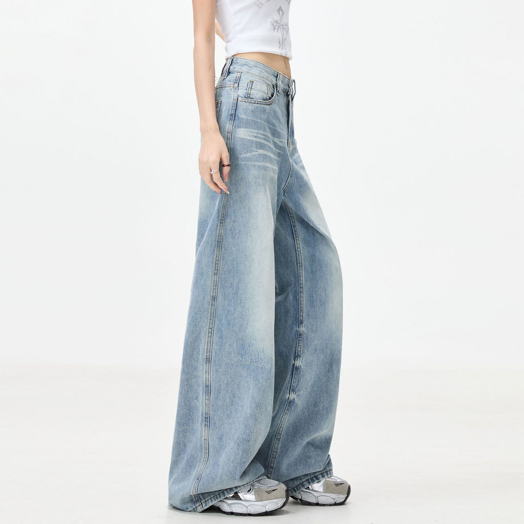American retro light blue high-waisted wide-leg jeans for women