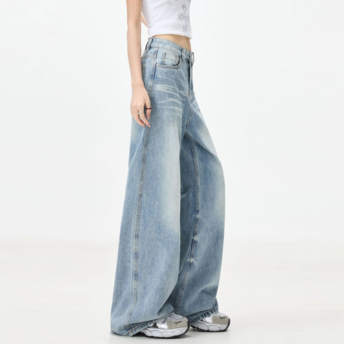American retro light blue high-waisted wide-leg jeans for women
